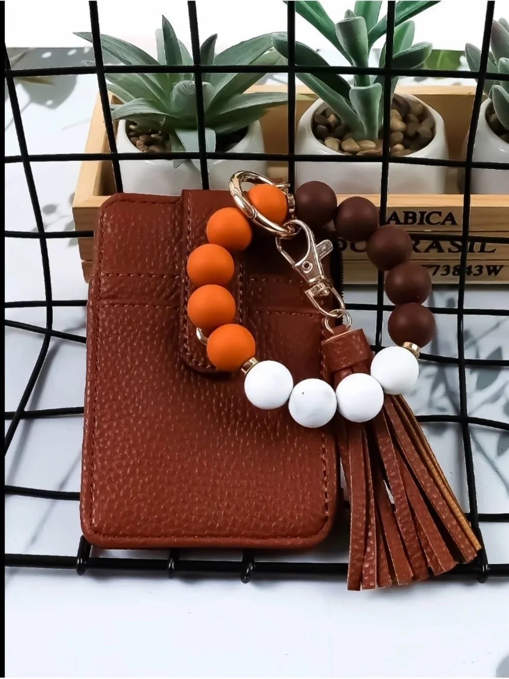 Dark Brown Leather Wristlet Keychain with Orange and White Beads